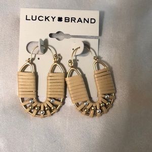 Lucky Brand Gold Tone Woven Leather & Bead Accents Hoop Drop Earrings NWT